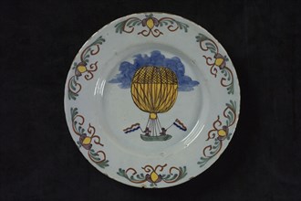 Light blue plate with multi-colored air balloon and border decoration, plate crockery holder ceramic earthenware glaze, baked