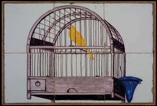 Van der Wolk, Rotterdam tile picture, yellow, purple and blue on white, canary in bird cage, with dark blue water bowl, tile
