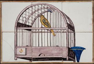 Van der Wolk, Rotterdam tile picture, yellow, purple and blue on white, canary in bird cage with blue water bowl, tile picture