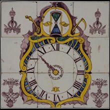 tile manufacturer Hoogstraat, Van der Wolk, Tile panel, purple, yellow, green and blue on white, pendulum with Roman numerals, I