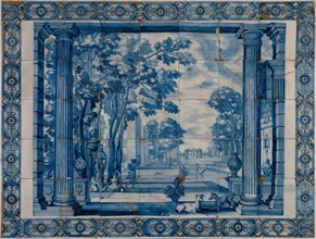 tile manufacturer Delfschevaart (tijdgenoot Boumeester), Tile panel with pillars on both sides and in the middle garden and pond