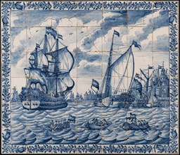 Aalmis sr., Tile panel with the departure in 1688 of Prince William III from Rotterdam to England aplate the Den Briel, tile