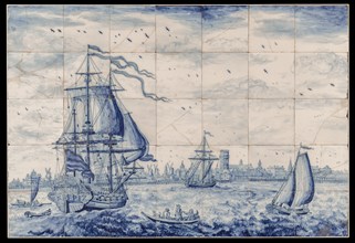 tile manufacturer Schiedamsedijk, Aalmis?, Tile picture with the ship Rotterdam sailing on the Meuse at the height of the ferry