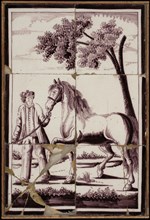 Tile panel, six tiles, farmer with horse under tree, purple on white, tile picture material ceramics pottery glaze, baked 2x
