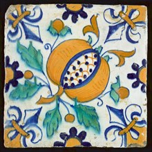 Ornament tile with pomegranate, corner motif lily, wall tile tile sculpture ceramic earthenware glaze, baked 2x glazed painted