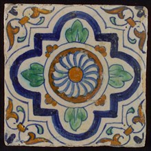 Ornament tile, central rosette with four-step variant frame, corner motif wing leaf, wall tile tile sculpture ceramic