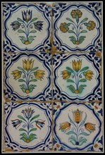 Ornament tile, tile field of six, three high and two wide; accolade tile, multicolored, with three-tier and other flowers within