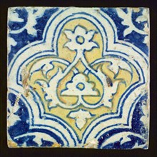 Polychrome ornament tile with braid band decor, blue and yellow, wall tile tile material ceramics pottery glaze, baked 2x glazed