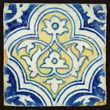 Polychrome ornament tile with braid band decor, blue and yellow, wall tile tile sculpture ceramic earthenware glaze, baked