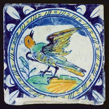 Animal tile with bird, corner motif quarter rosette, wall tile tile sculpture ceramic earthenware glaze, baked 2x glazed painted
