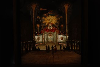 Perspective box with four painted glass plates, Willem and Wilhelmina van Prussia with fireworks, perspective box glass plate