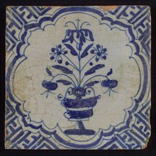 Tile with blue pot with flowers in braid-shaped frame; corner pattern meander, wall tile tile sculpture ceramic earthenware
