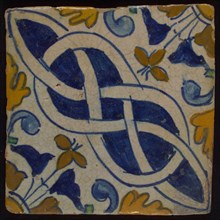 Ornament tile, multicolored, in blue, yellow, brown and green on white ground, diagonally-colored basketwork with corner pattern