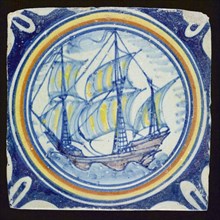 Scene tile with ship, multicolored, blue, yellow and brown, corner motif quarter rosette in saving technique, wall tile