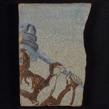 Tile, multicolored, man with club in brown and blue, tile picture footage fragment ceramics pottery glaze tin glaze, baked 2x
