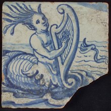 Scene tile, blue: harp playing merman at sea, wall tile tile sculpture ceramics pottery glaze, baked 2x glazed painted Ruddy