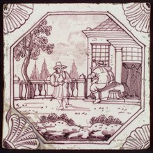 tile manufacturer: Aalmis, Tableware, purple on white, in eighth man holding jug, two men on couch in front of house, corner