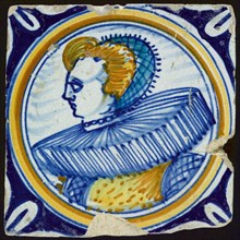 Figure tile, multicolored, blue, yellow, brown, green; portrait woman with millstone collar in circle band, wall tile