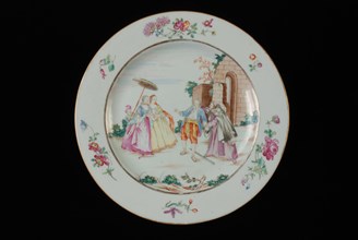 White plate with two women, child with umbrella and two men, plate crockery holder ceramic porcelain glaze, baked glazed painted