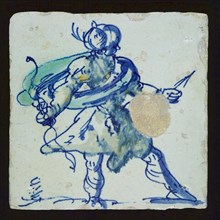 Claes Wijtmans (ca. 1570 - 1640), Figure tile, multicolored, blue, green, orange; show Turkish warrior, Saracen, wall tile