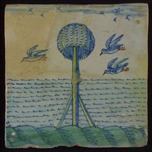 Multi-colored tile, blue, green, yellow and red on white ground, beacon In the sea with reverse basket, around which three birds
