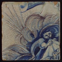 Tile with purple and blue wind god and clouds, tile picture footage fragment ceramics pottery glaze, baked 2x glazed painted