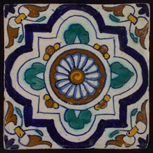 Ornament tile, blue, green and brown on white, central rosette with four-step variant frame, corner motif, wing, wall tile