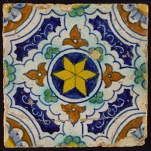Ornament tile, blue, green, brown and yellow on white, central yellow star in circle, sgraffito surfaces, corner motif, quarter