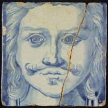 Tile of chimney pilaster, blue on white, head of man with long curly hair, curly mustache and goatee, chimney pilaster tile