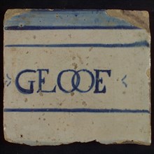 White tile with in blue horizontal lines and Faith, tile picture footage fragment ceramics pottery glaze, baked 2x painted
