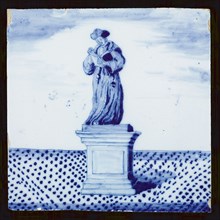 tile manufacturer: Aalmis?, Tile, blue, scene design with statue Erasmus on the Grotemarkt in Rotterdam, wall tile