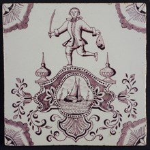 tile manufacturer: Aalmis, Cartouchetegel, acrobat with epee, with cartouche in which ship, wall tile tile sculpture ceramic
