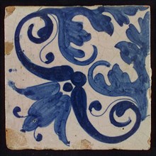 Tile, blue on white, volute and stylized leaf ornaments, tile picture footage fragment ceramics pottery glaze, baked 2x glazed