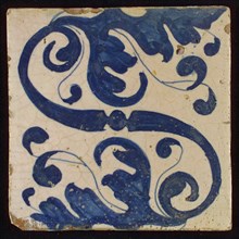 Tile, blue on white, diagonally an S-shaped volute and stylized leaf ornaments, tile picture material fragment ceramics pottery