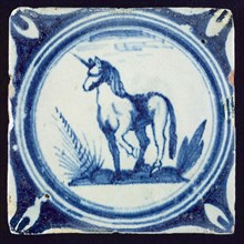 Scene tile with unicorn in blue, wall tile tile material ceramics pottery glaze, baked 2x glazed painted Yellow-pink shard