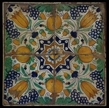 Tile field, four ornament tiles, diagonal decor, orange, green and blue on white, star tulip with quarter rosette, tile field