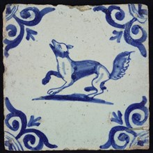 Animal tile, fox on ground, in blue on white, corner motif large ox head, wall tile tile sculpture ceramic earthenware glaze