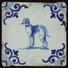 Animal tile, dog left on ground, in blue on white, corner motif large ox head, wall tile tile sculpture ceramic earthenware