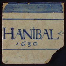 Tile, blue horizontal lines and Hanibal 1630, tile picture footage fragment ceramics pottery glaze tin glaze, fired 2x glazed