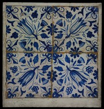 Tile field, four ornament tiles, diagonal decor, blue on white, with tulip and rosettes, corner motif lily, tile field wall tile