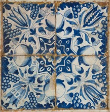 Tile field, four ornament tiles, diagonal blue on white, star tulip with quarter rosette, tile field wall tile tile images