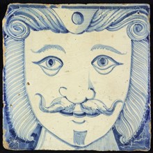 Tile of chimney pilaster, blue on white, head of man with long curly hair and mustache, chimney pilaster tile pilaster footage