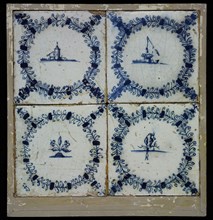 Tile field, four tiles, blue on white, diverse decor of tower and well, flower arrangement and bird on branch, all in egret