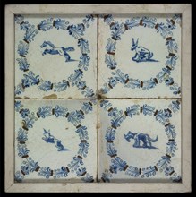 Tile field, four tiles with animal decor, blue and brown on white, one with horse and three others with dog, all in egret