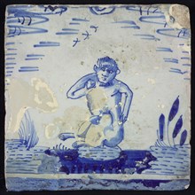 Animal tile, sitting monkey on stone or soil in pond, in blue on white, wall tile tile sculpture ceramics pottery glaze, baked