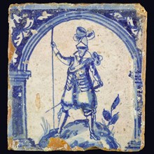 Figure tile, in blue on white, warrior with skewer, wall tile tile sculpture ceramic earthenware glaze, baked 2x glazed painted