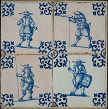 Tile field, four tiles, figure decor, blue on white, all soldiers, one with drum, corner design voluut, tiled field wall tile