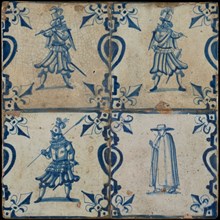 Tile field, four tiles, figure decor, blue on white, warrior and two flute players and one with man figure in cloak