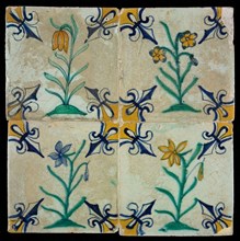 Tile field, four tiles with floral decor, flower on ground, yellow, green and blue on white, corner pattern lily, tiled field