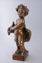 Simon Miedema, Cast bronze statue of child with wreath on head and flower basket in hand, autumn, from series the seasons